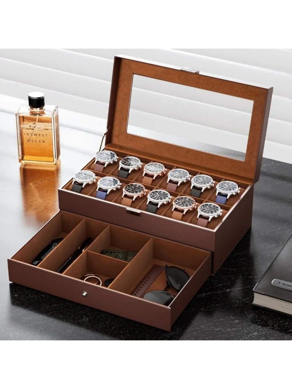 12-Slot Men's Watch Box Organizer with Drawer, Glass Lid - Perfect Gift for Dad